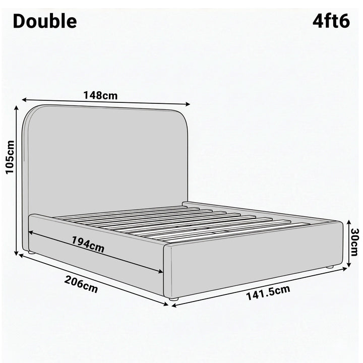 [Double | Grey] Dimension diagram for double 4ft6 Pluva bed showing 148cm width 206cm length and 105cm headboard height