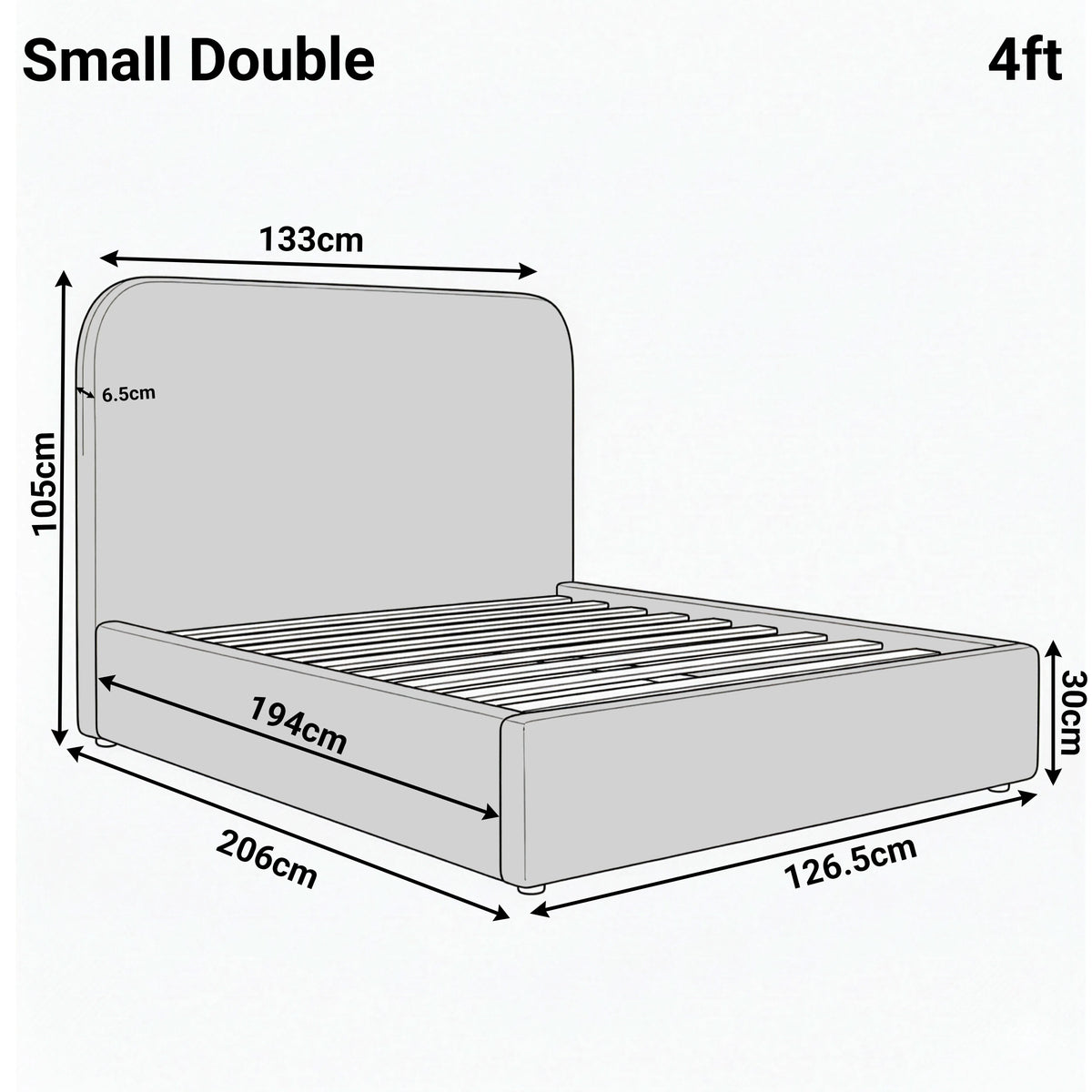 [Small Double | Grey] Dimension diagram for small double 4ft Pluva bed showing 133cm width 206cm length and 105cm headboard