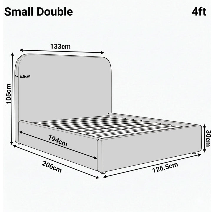 [Small Double | Grey] Dimension diagram for small double 4ft Pluva bed showing 133cm width 206cm length and 105cm headboard
