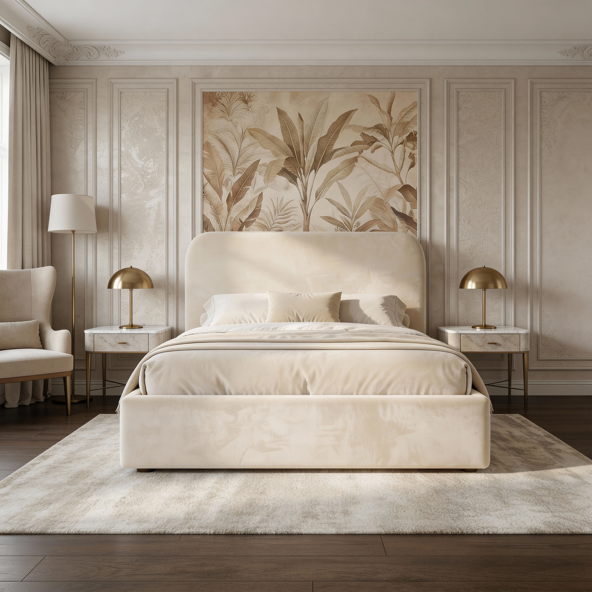 [Double | Beige] Head-on view of Pluva ottoman bed with rounded velvet headboard between two bedside lamps and artwork