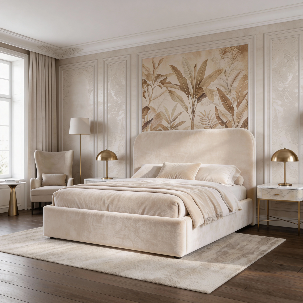 [King | Beige] Pluva ottoman bed centred in panelled bedroom between two nightstands with dome lamps and armchair