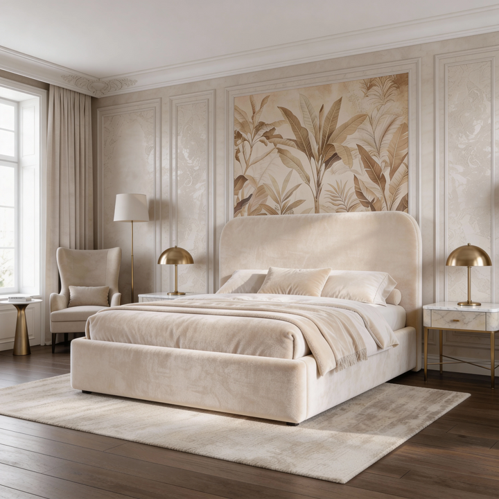 [King | Beige] Pluva ottoman bed centred in panelled bedroom between two nightstands with dome lamps and armchair