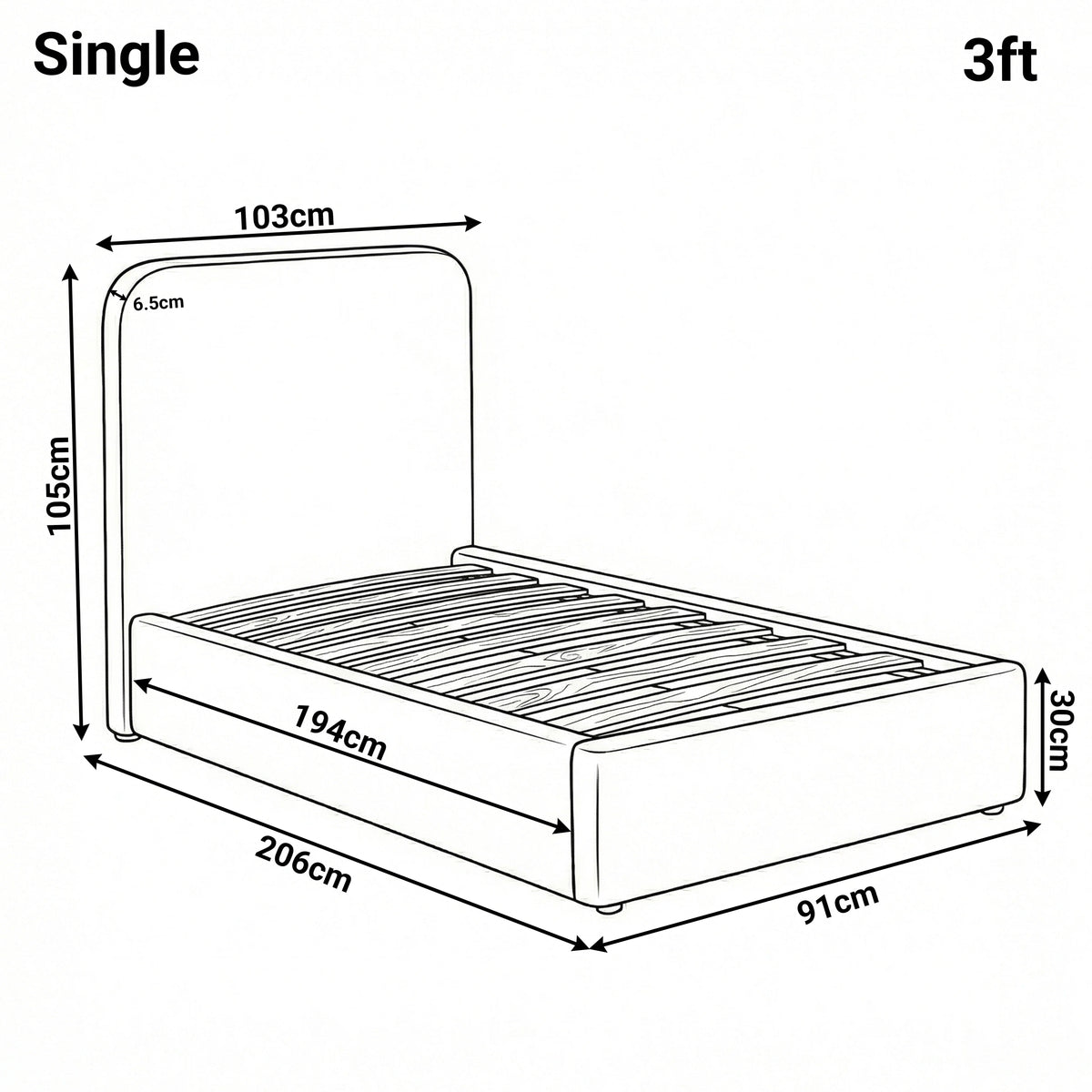 [Single | Beige] Pluva ottoman bed single 3ft diagram: 103 x 206 x 105 cm, internal 91 x 194 cm, base 30 cm