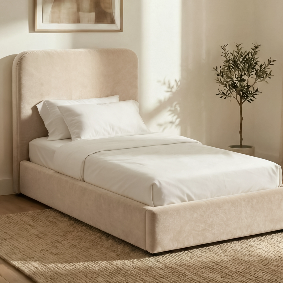 [Single | Beige] Pluva ottoman bed single in neutral bedroom scene with white linen, jute rug and soft daylight