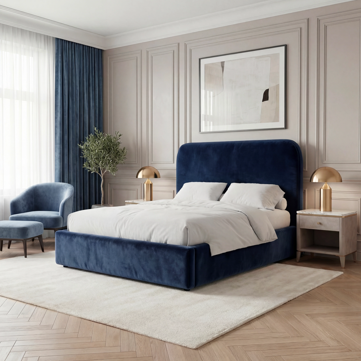 [King | Blue] Blue king Pluva ottoman bed in panelled bedroom with blue curtain, armchair, olive tree and wall art