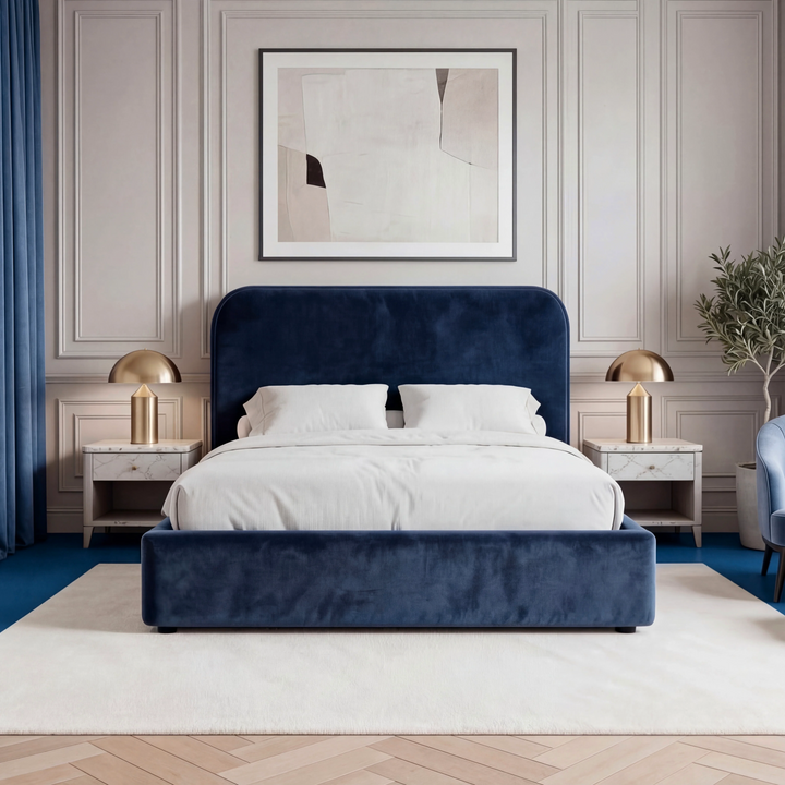 [Small Double | Blue] Symmetrical bedroom blue SD Pluva ottoman bed flanked by pale side tables under abstract print