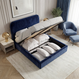 [Small Double | Blue] Blue SD Pluva ottoman bed with gas-lift base raised revealing deep storage beneath the mattress