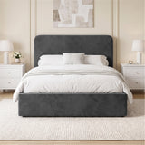 [Double | Grey] Front-on bedroom view with rounded headboard, white bedding, matching nightstands and wall art