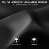 [Black + Red] Black leather material with text and icons indicating durability and non-cracking properties.