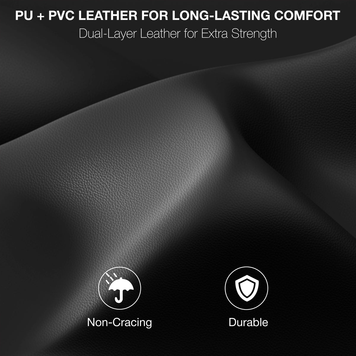 [Black + Red] Black leather material with text and icons indicating durability and non-cracking properties.