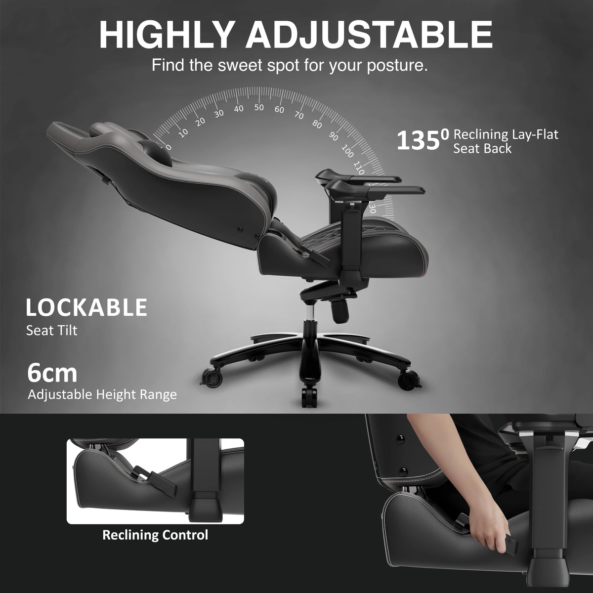 [Black + Grey] Ergonomic chair with adjustable features on a dark background