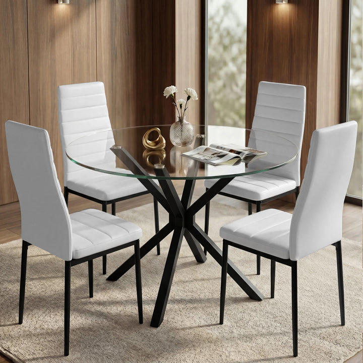 [White | Set of 4] PU leather dining chairs set around a glass table in a bright dining room