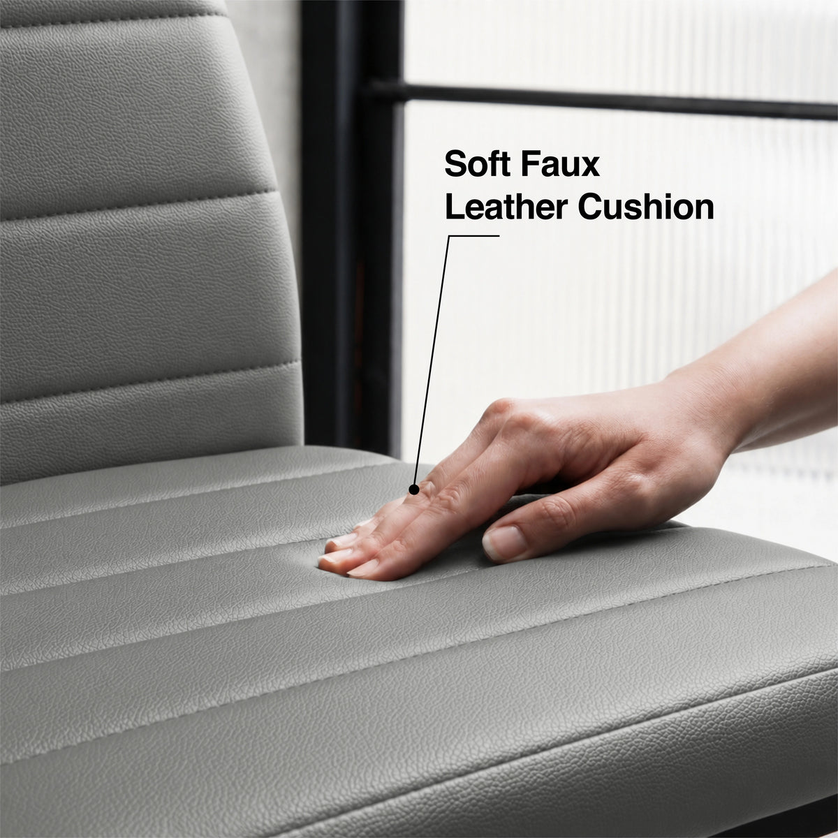 [Grey | Set of 6] Close-up graphic text: Soft Faux Leather Cushion on padded PU leather seat