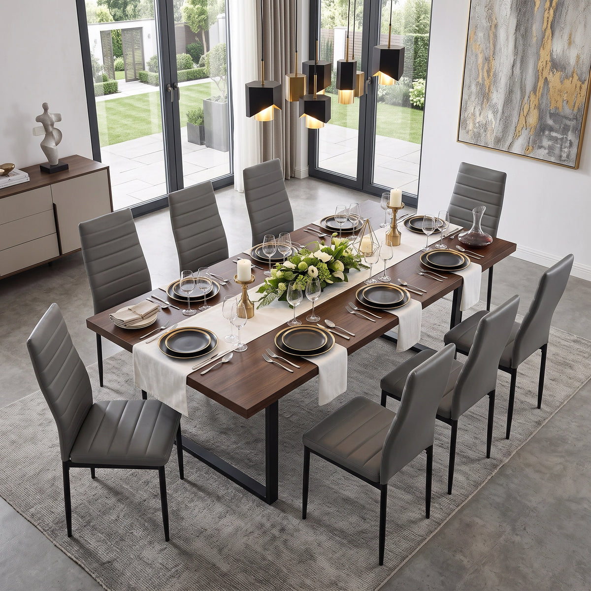 [Grey | Set of 8] PU Leather Dining Chairs Set of 8 Grey Upholstered High Back Dining Chairs with Walnut Effect Dining Table