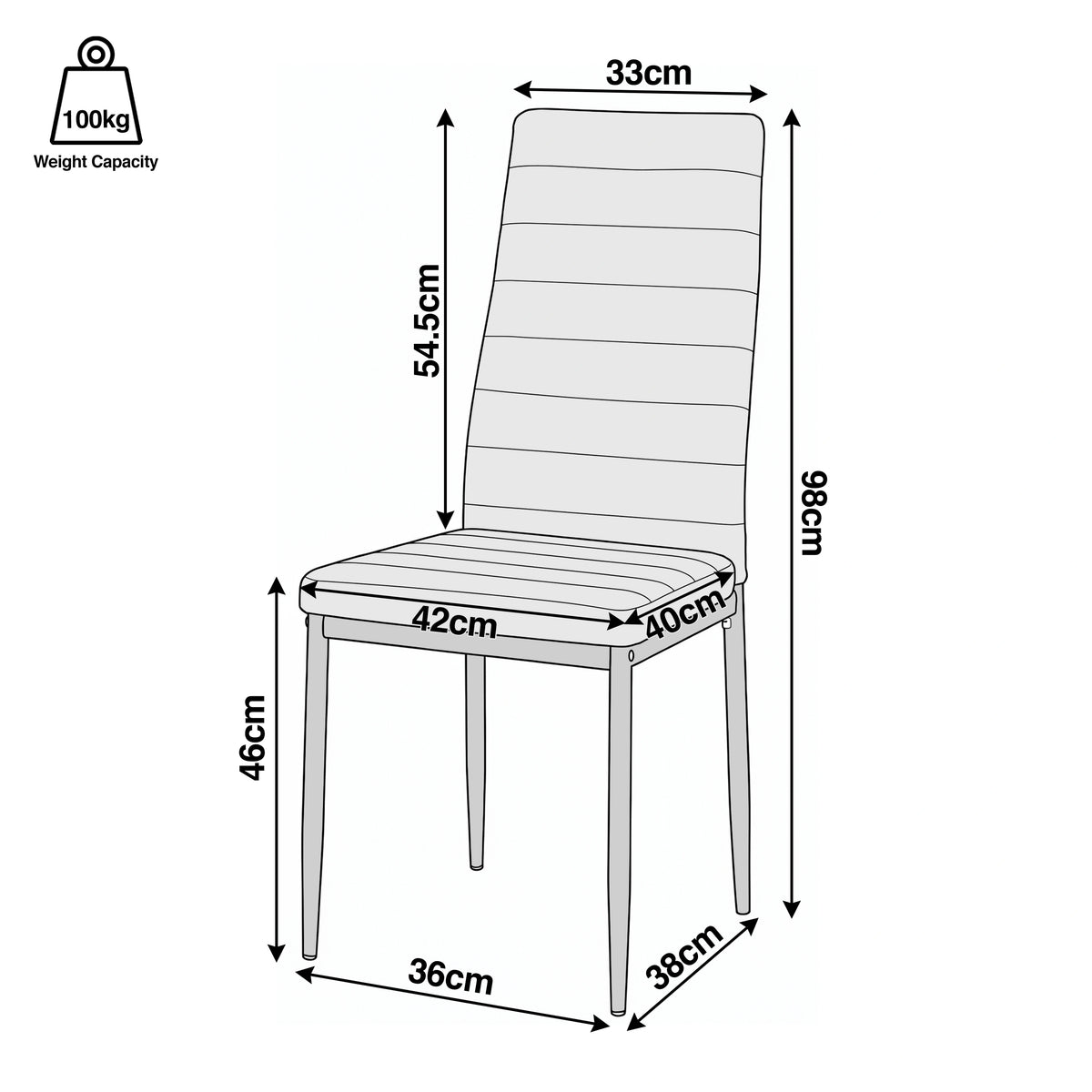 [White | Set of 8] PU leather dining chair dimensions: 42W x 40D x 98H cm; seat H46, back H54.5 cm