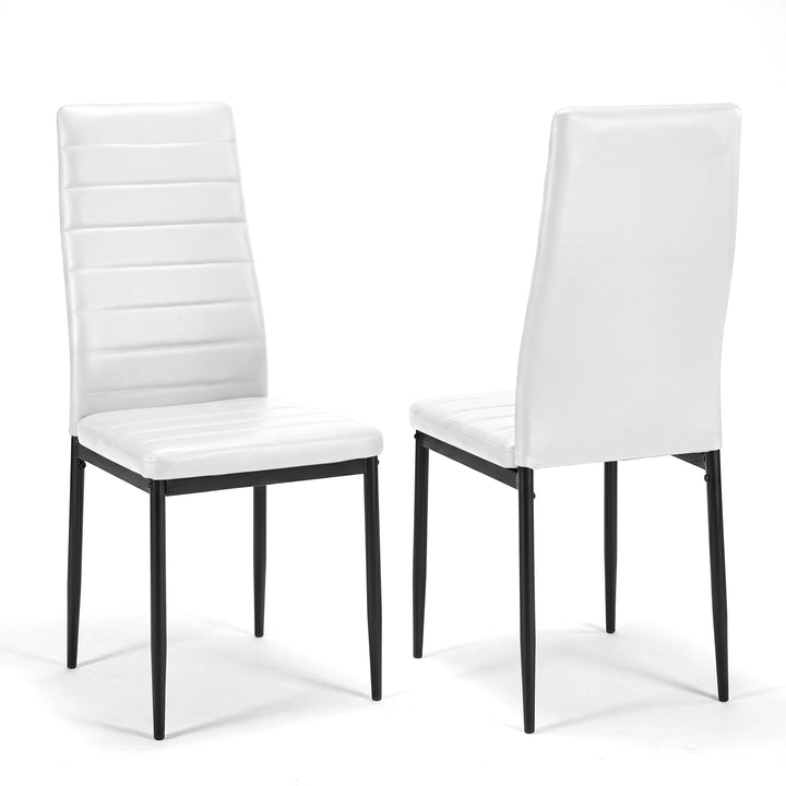 [White | Set of 8] Front and back views of armless PU leather dining chair with slim black metal legs
