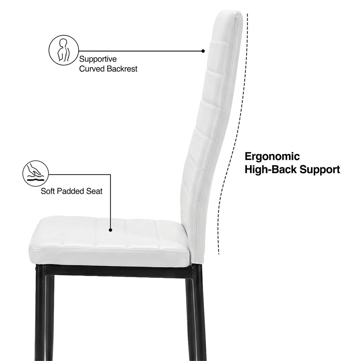 [White | Set of 8] Side graphic showing supportive curved backrest, soft padded seat and ergonomic high-back support