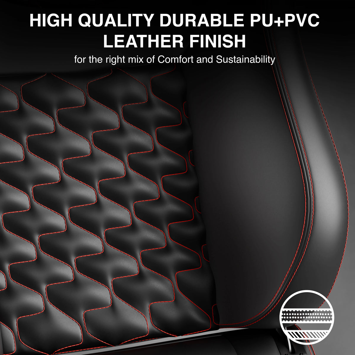 [Black] Black leather seat cover with red stitching and text about high-quality durable PU+PVC finish.