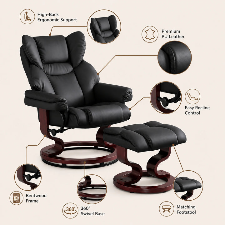 [Black - PU Leather] Black high-back recliner chair with footstool and callouts of features such as ergonomic support, premium PU leather, bentwood frame, 360° swivel base, etc