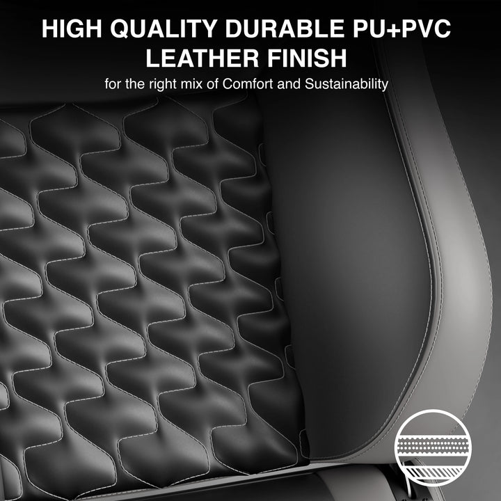 [Black + Grey] Chair seat with high-quality durable PU+PVC leather finish, emphasizing comfort and sustainability.