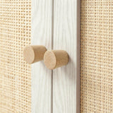[White] Wovena Rattan 3 Door Sideboard - Adjustable Shelf White macro detail shot of the cylindrical natural wooden knobs.