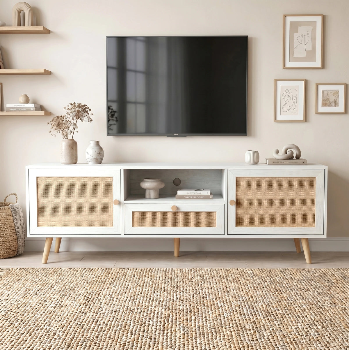 [White] Wovena Rattan TV Unit 160cm shown straight-on with ceramic vases, dried flowers, and gallery wall art above a wall-mounted television
