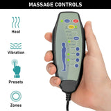 [Brown] Close-up of massage control remote for electric recliner chair with heat, vibration, presets, and zone selection for personalized elderly care.