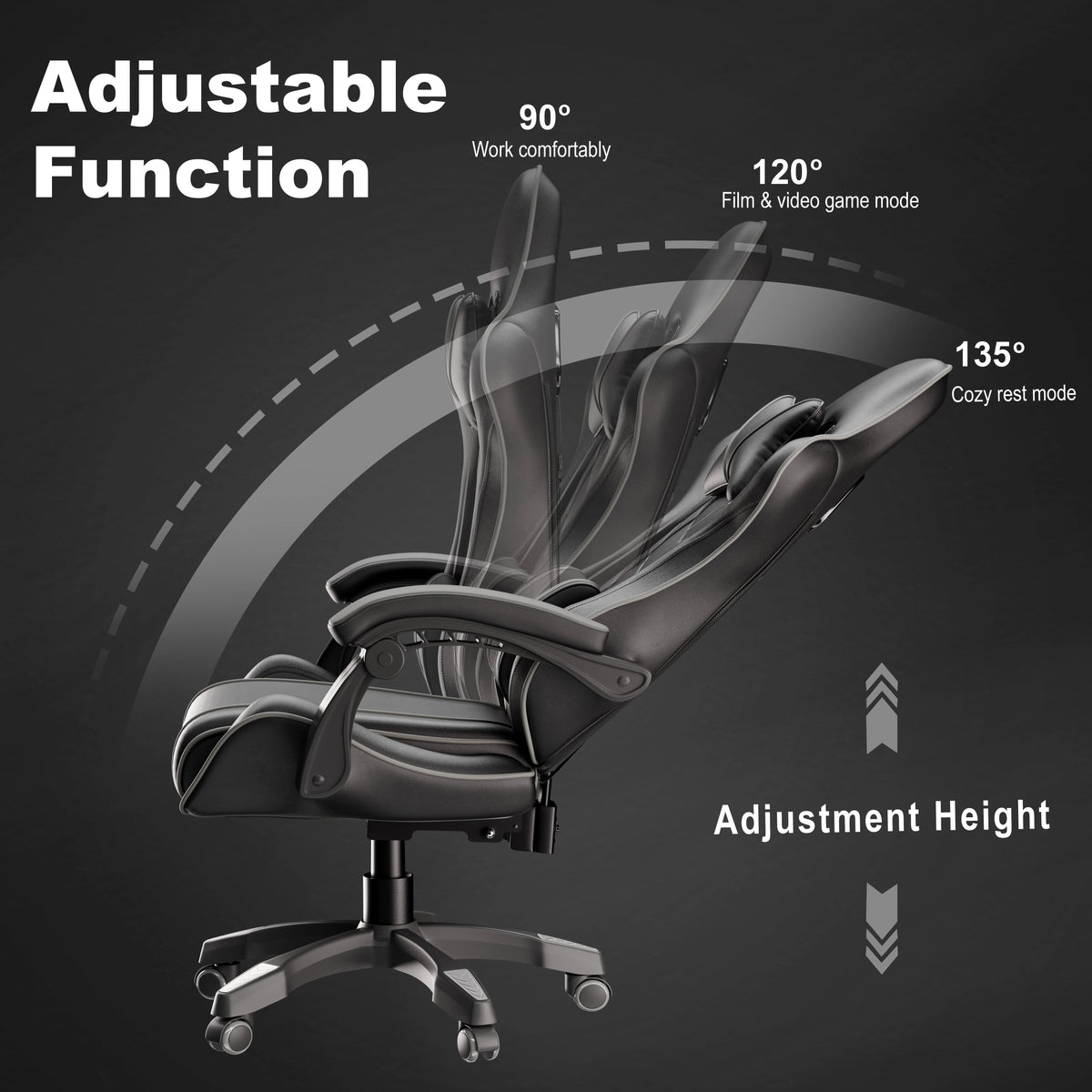 [Black + Grey] Ergonomic gaming chairs with lumbar support and padded armrest in black, showcasing adjustable recline angles from 90° to 135° for work, gaming, and rest modes.