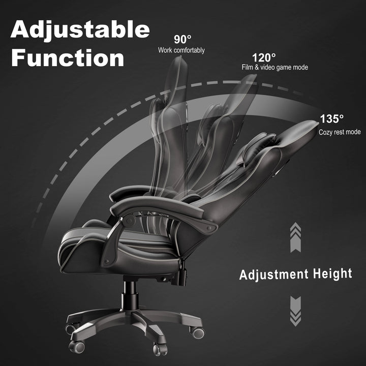 [Black + Grey] Ergonomic gaming chairs with lumbar support and padded armrest in black, showcasing adjustable recline angles from 90° to 135° for work, gaming, and rest modes.