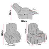 [Grey] Gray recliner chair with dimensions labeled on a white background