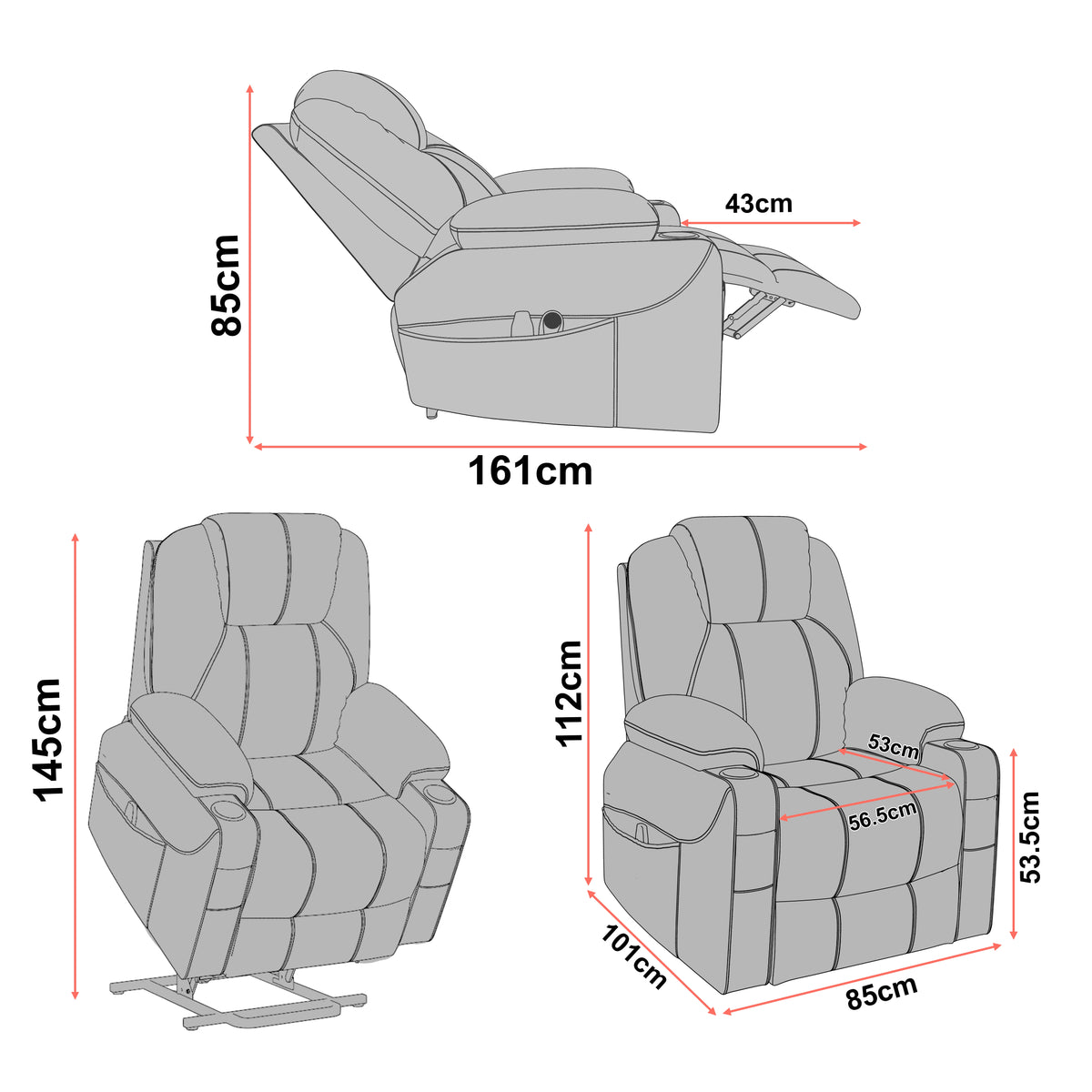 [Grey] Gray recliner chair with dimensions labeled on a white background