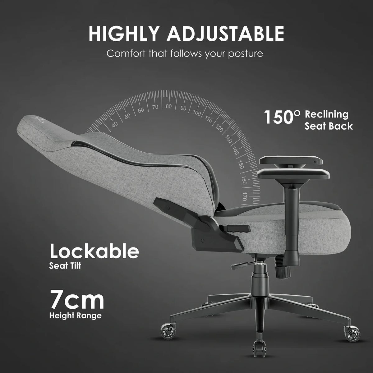 [Grey] Xstriker gaming chair with 150° reclining backrest, lockable tilt, and 7cm adjustable height for ergonomic seating.