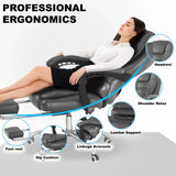 [Grey] Ergonomic massage chair with labeled parts and a woman relaxing on it.