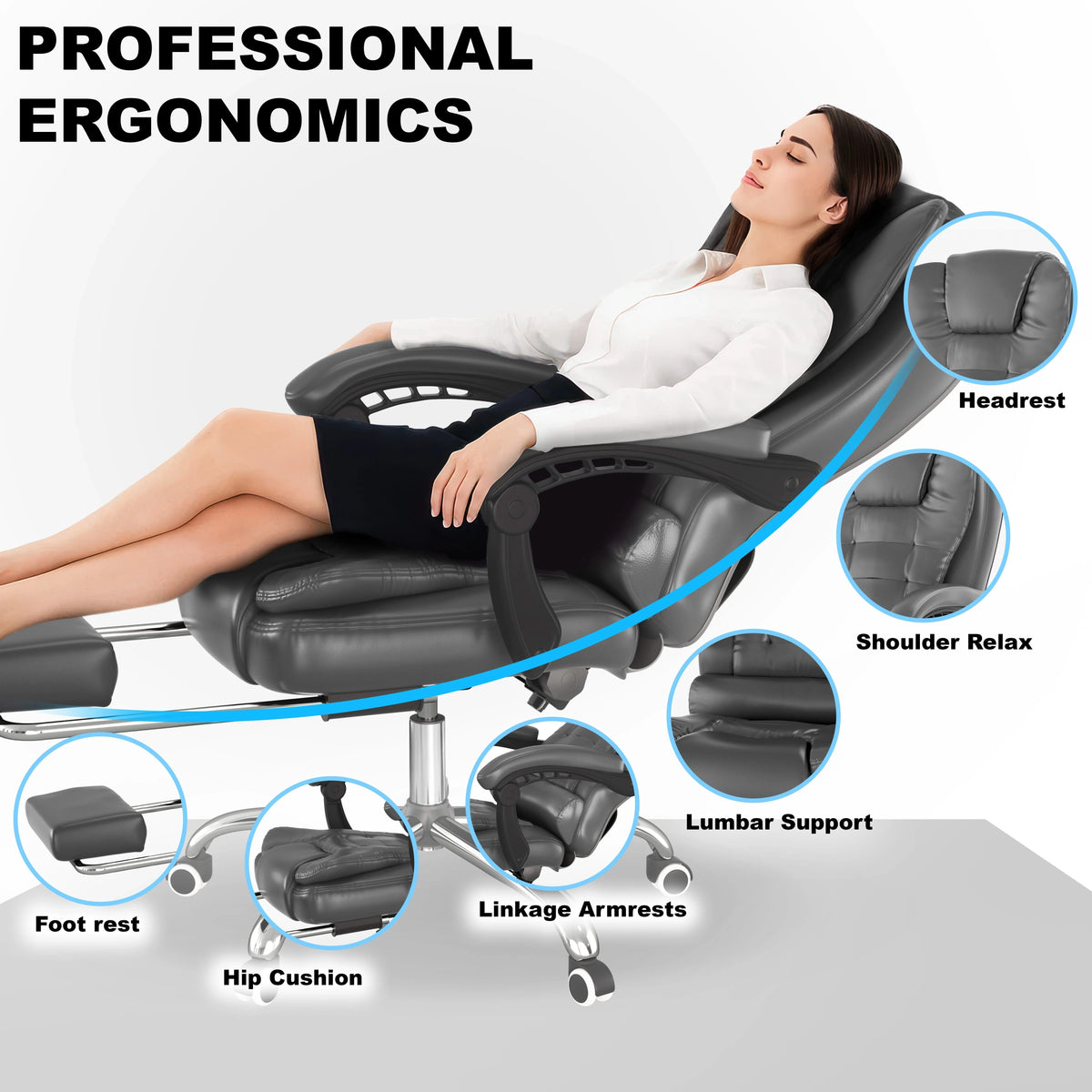 [Grey] Ergonomic massage chair with labeled parts and a woman relaxing on it.