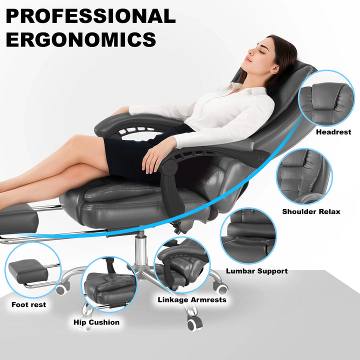 [Grey] Ergonomic massage chair with labeled parts and a woman relaxing on it.