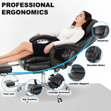 [Black] Woman relaxing in a massage chair with professional ergonomics features highlighted.