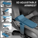 [Black + Grey] 5D adjustable armrest on a gaming chair with labeled adjustments.