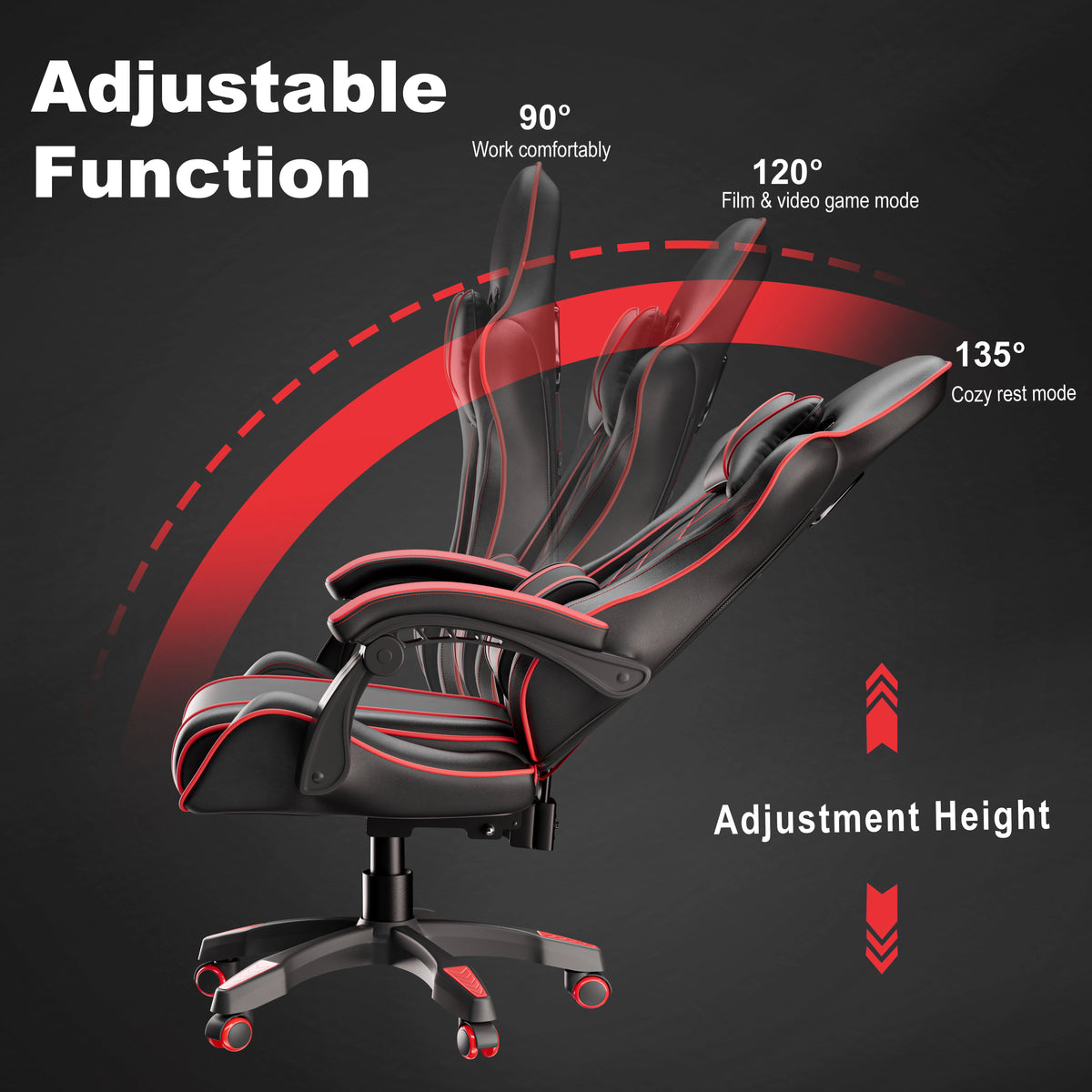 [Black + Red] Recliner gaming chair With Lumbar Support and Padded Armrest | DHS reclines from 90° to 135° with adjustable height for work, gaming, and rest modes.