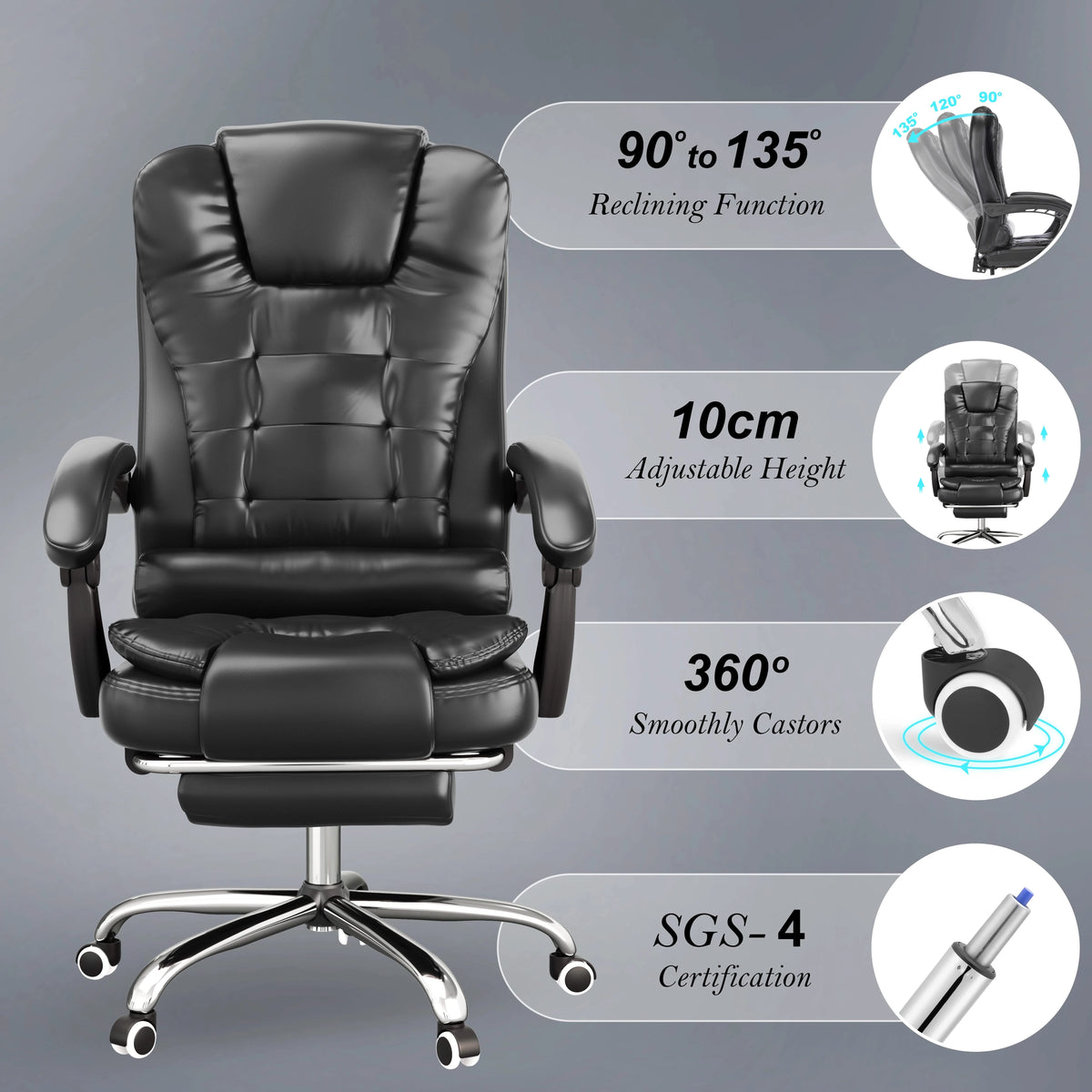 [Black] Black office chair with reclining function and adjustable height features on a gray background