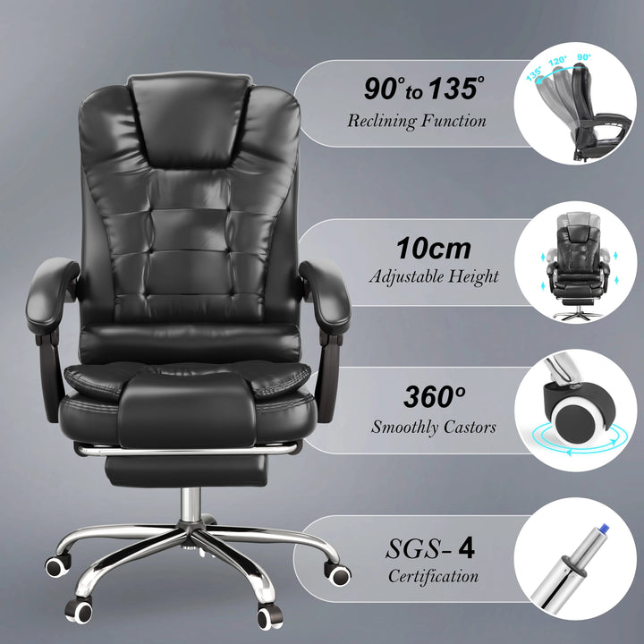 [Black] Black office chair with reclining function and adjustable height features on a gray background