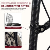 [Black] Close-up of black rattan rope wrap and foldable hinge bolt on egg chair with portable design callouts