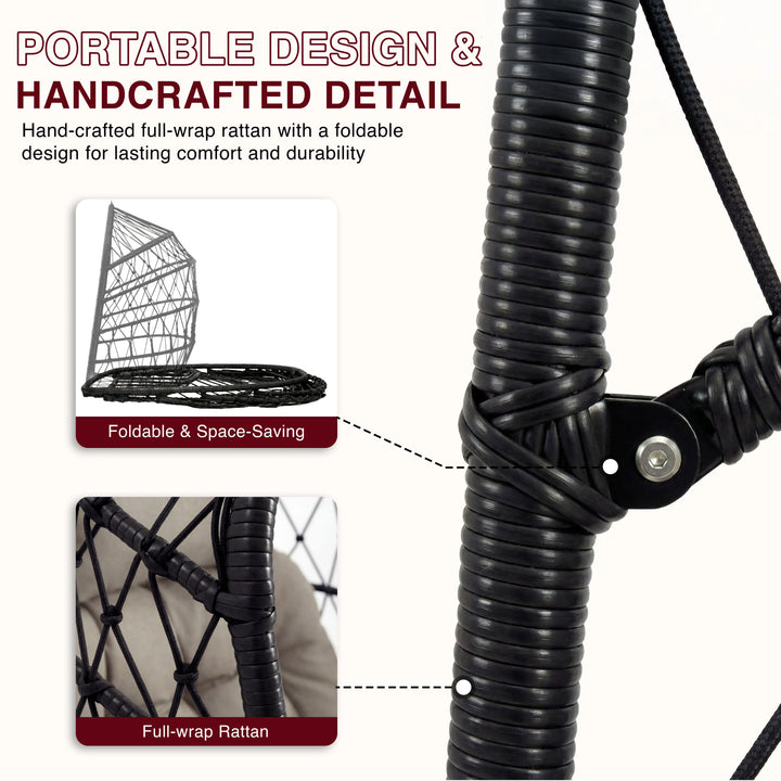 [Black] Close-up of black rattan rope wrap and foldable hinge bolt on egg chair with portable design callouts