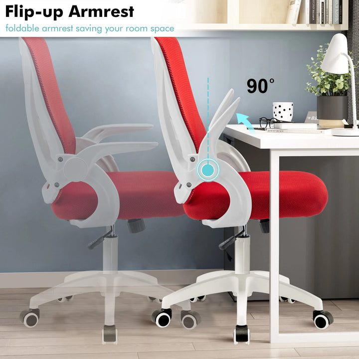 [Red] Red PC chair with flip-up armrests for space-saving in home office setups, ensuring comfort throughout the day.