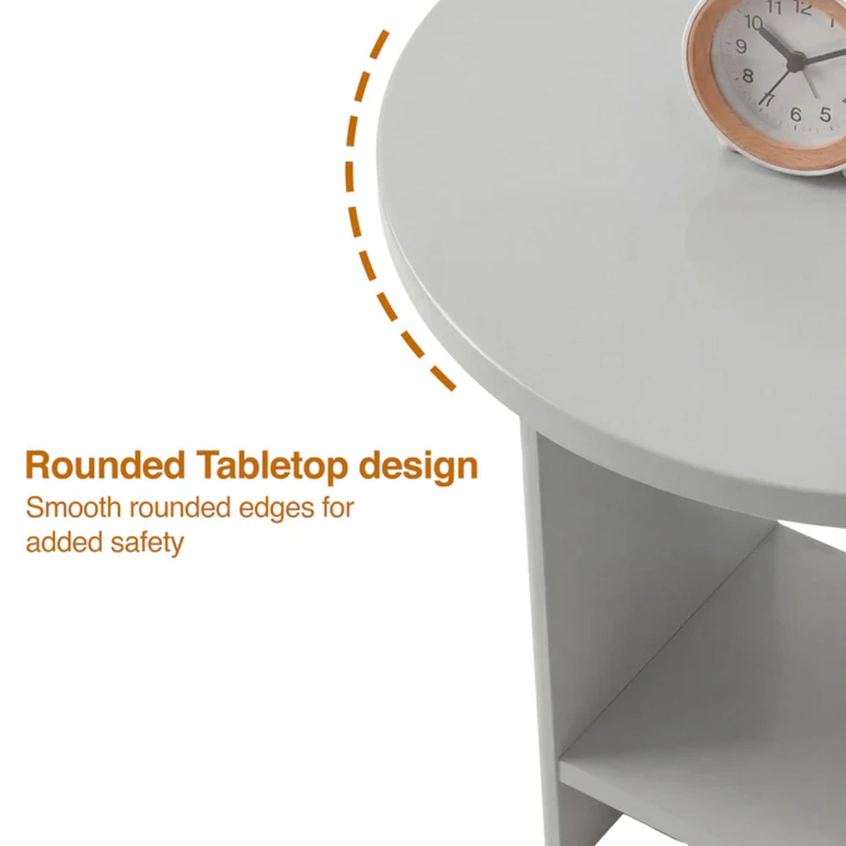 [Grey] Small Round Side Table with Shelf Living Room detail infographic highlighting the smooth rounded tabletop edge profile with safety callout graphic