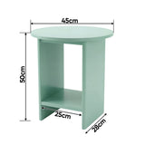 [Sage Green] Schematic of sage green small round side table giving 45cm width, 28cm depth, 50cm height, 25cm shelf