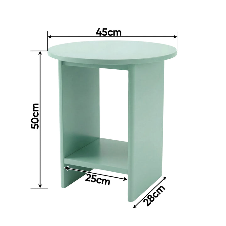 [Sage Green] Schematic of sage green small round side table giving 45cm width, 28cm depth, 50cm height, 25cm shelf