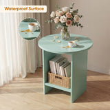 [Sage Green] Sage green round side table top with rose bouquet, gold cutlery and inset showing waterproof spill