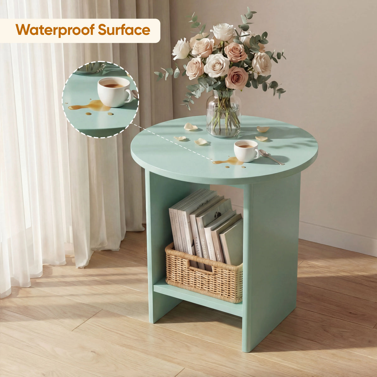 [Sage Green] Sage green round side table top with rose bouquet, gold cutlery and inset showing waterproof spill
