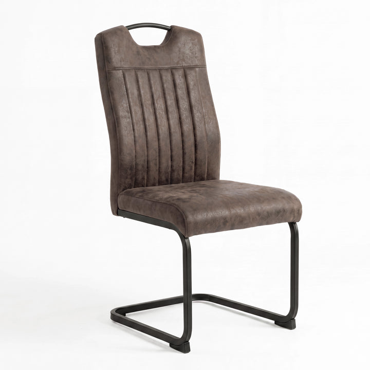 [Rust Brown] Retroloop upholstered dining chair with tall channelled back, padded seat and black loop metal frame.