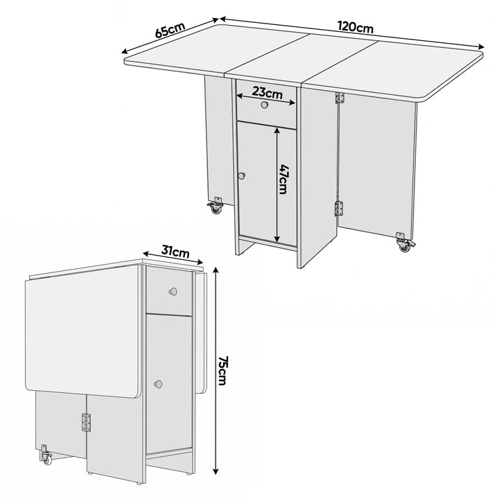 [Rustic] 120cm rectangular dining table size guide showing  65cm deep, 75cm high and 31cm wide with both leaves folded.